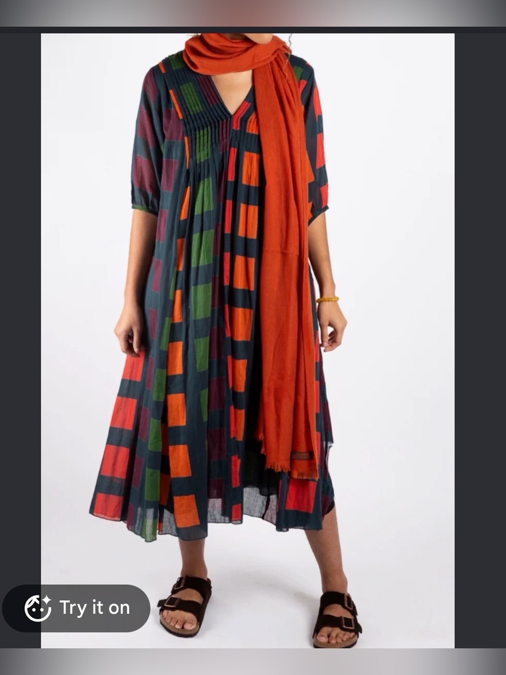 Dolma Multicolor Geometric Pintuck Maxi Dress Size L Boho Artsy lagenlook